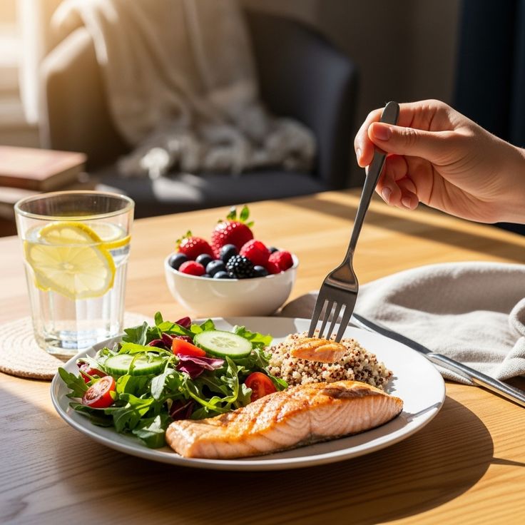 Abstract balanced plate illustration with soft blue geometric shapes